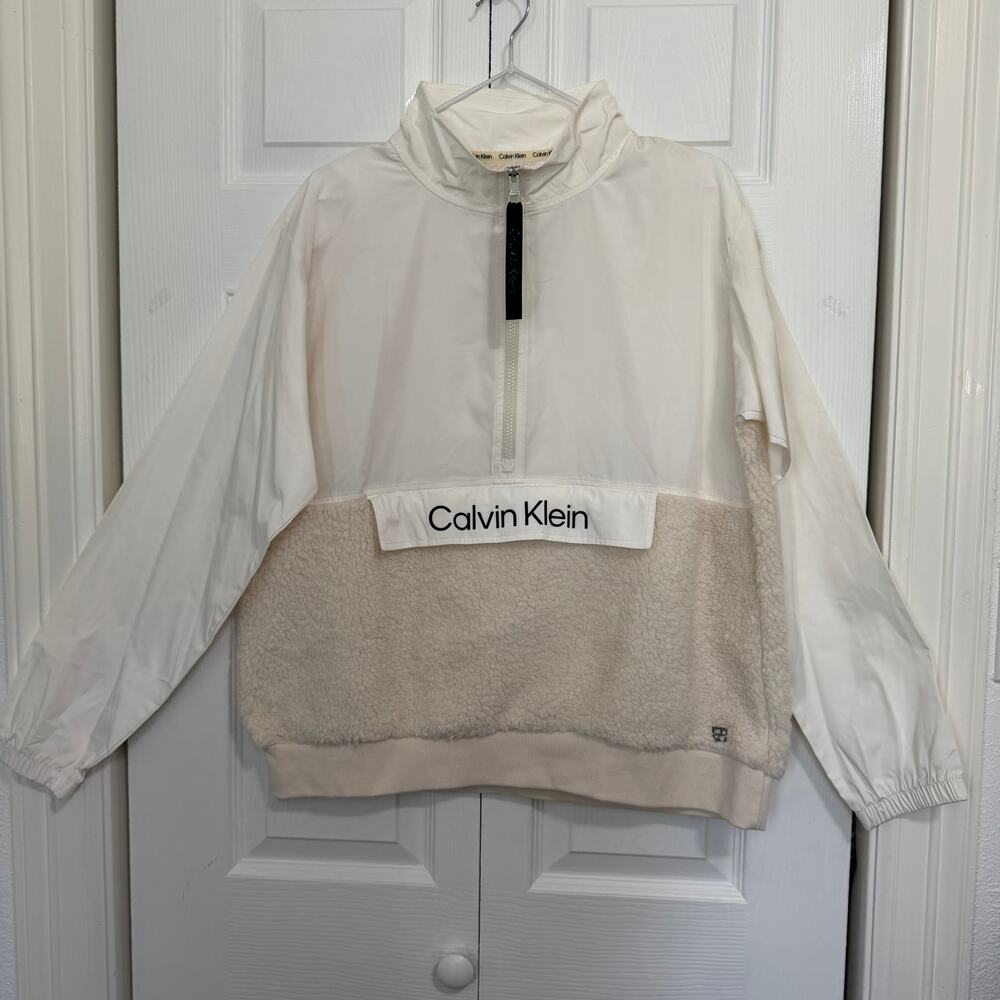 NWT Calvin Klein Sherpa and Windbreaker Half Zip Mock Neck Jacket Large